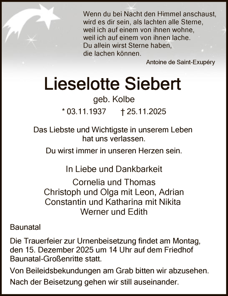  Traueranzeige für Lieselotte Siebert vom 13.12.2025 aus HNA