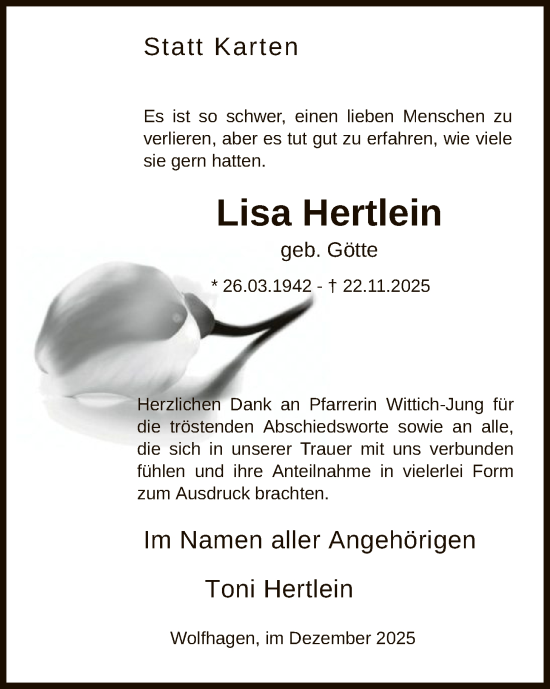 Traueranzeige von Lisa Hertlein von HNA