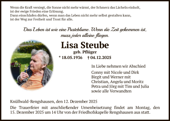 Traueranzeige von Lisa Steube von HNA