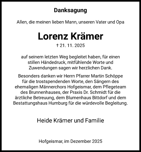 Traueranzeige von Lorenz Krämmer von HNA