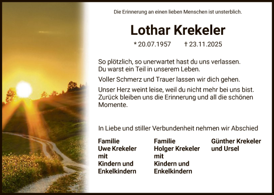 Traueranzeige von Lothar Krekeler von HNA