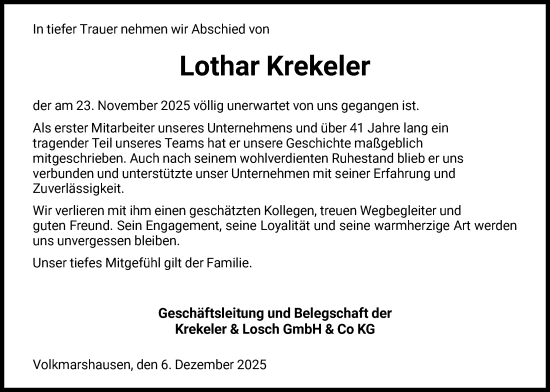 Traueranzeige von Lothar Krekeler von HNA
