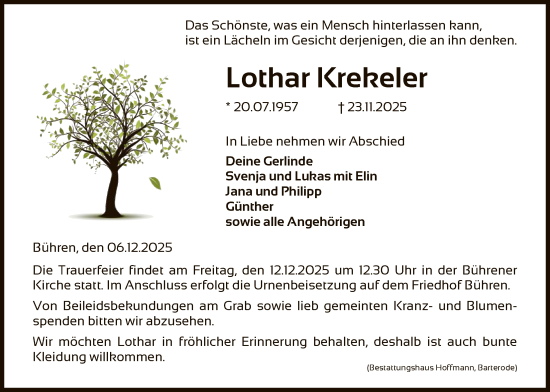 Traueranzeige von Lothar Krekeler von HNA