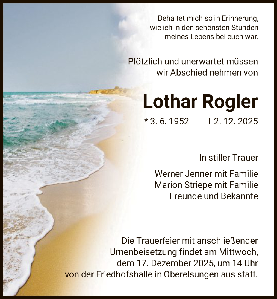  Traueranzeige für Lothar Rogler vom 13.12.2025 aus HNA