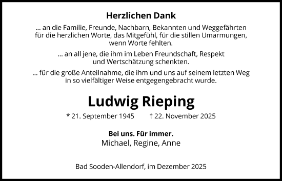 Traueranzeige von Ludwig Rieping von HNA