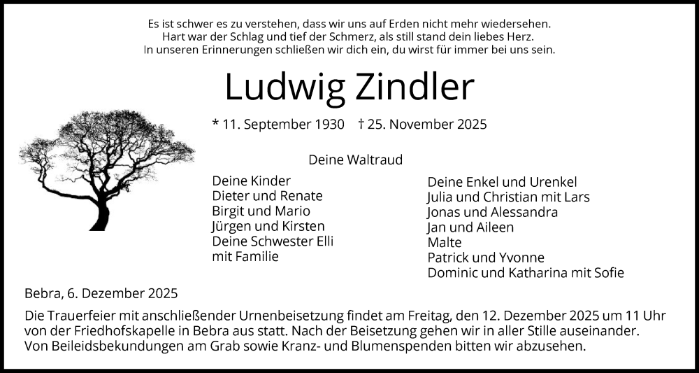  Traueranzeige für Ludwig Zindler vom 06.12.2025 aus HNA