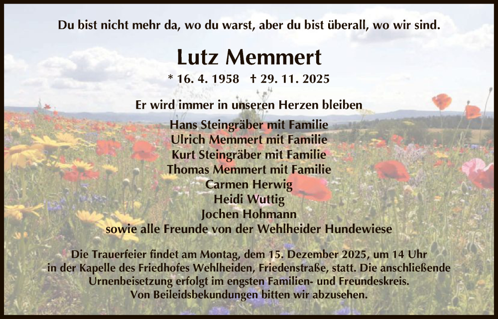  Traueranzeige für Lutz Memmert vom 12.12.2025 aus HNA