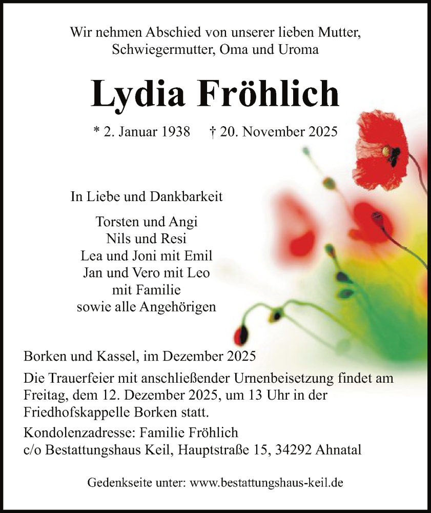  Traueranzeige für Lydia Fröhlich vom 06.12.2025 aus HNA