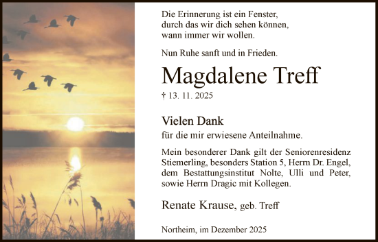 Traueranzeige von Magdalene Treff von HNA