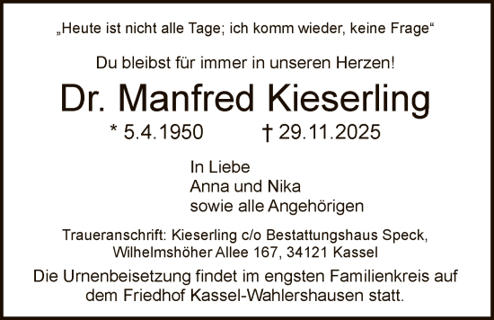 Traueranzeige von Manfred Kieserling von HNAHNA
