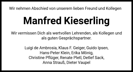 Traueranzeige von Manfred Kieserling von HNA
