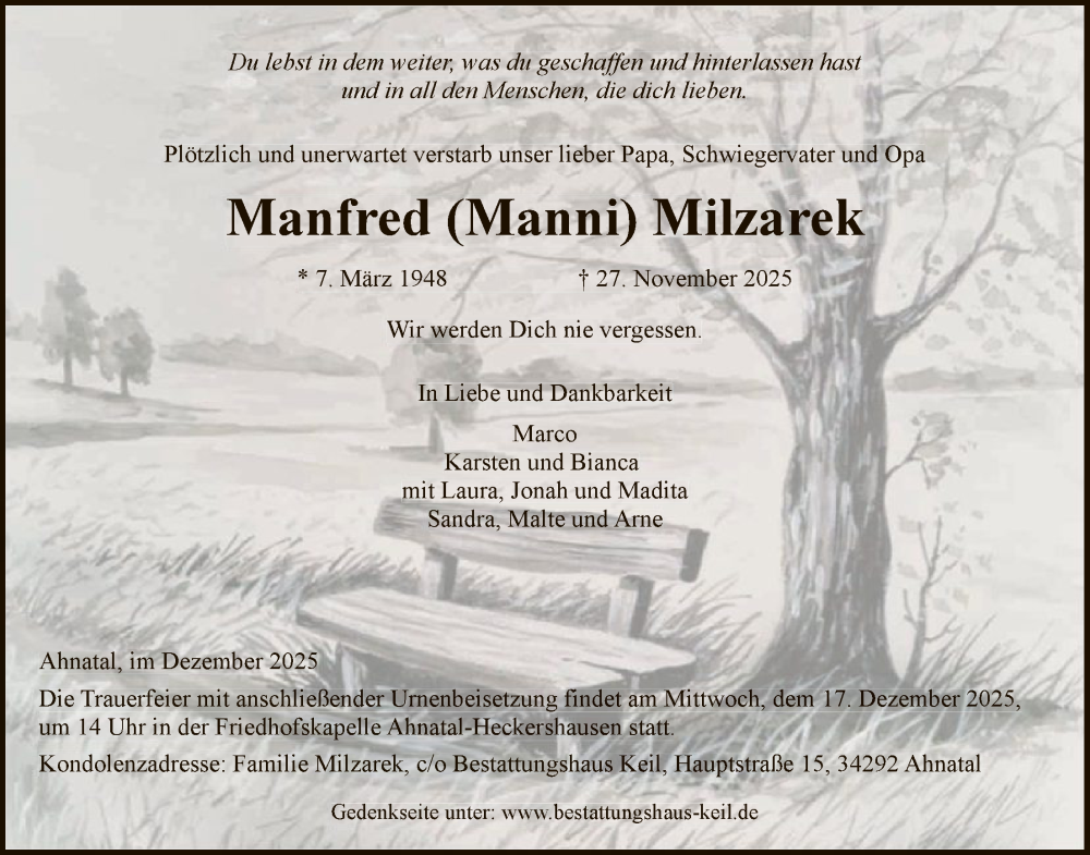  Traueranzeige für Manfred Milzarek vom 12.12.2025 aus HNAHNA