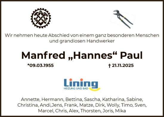 Traueranzeige von Manfred Paul von HNA