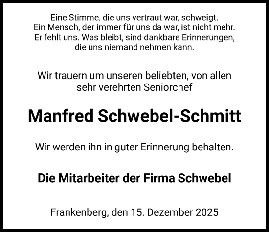 Traueranzeige von Manfred Schwebel-Schmitt von HNA