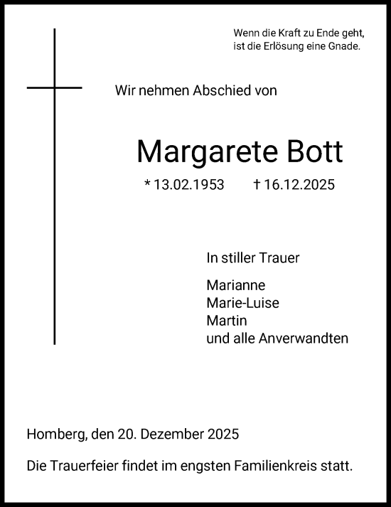 Traueranzeige von Margarete Bott von HNAHNA