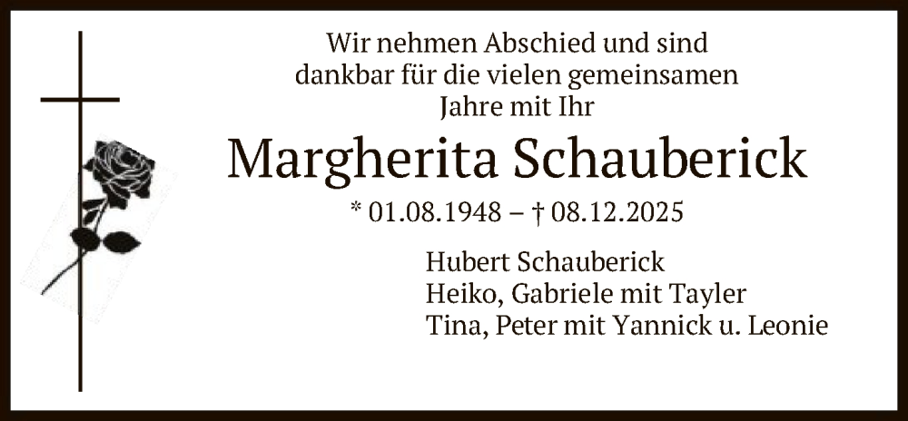  Traueranzeige für Margherita Schauberick vom 12.12.2025 aus HNA