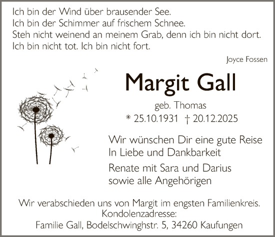 Traueranzeige von Margit Gall von HNA