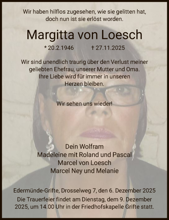 Traueranzeige von Margitta von Loesch von HNAHNA