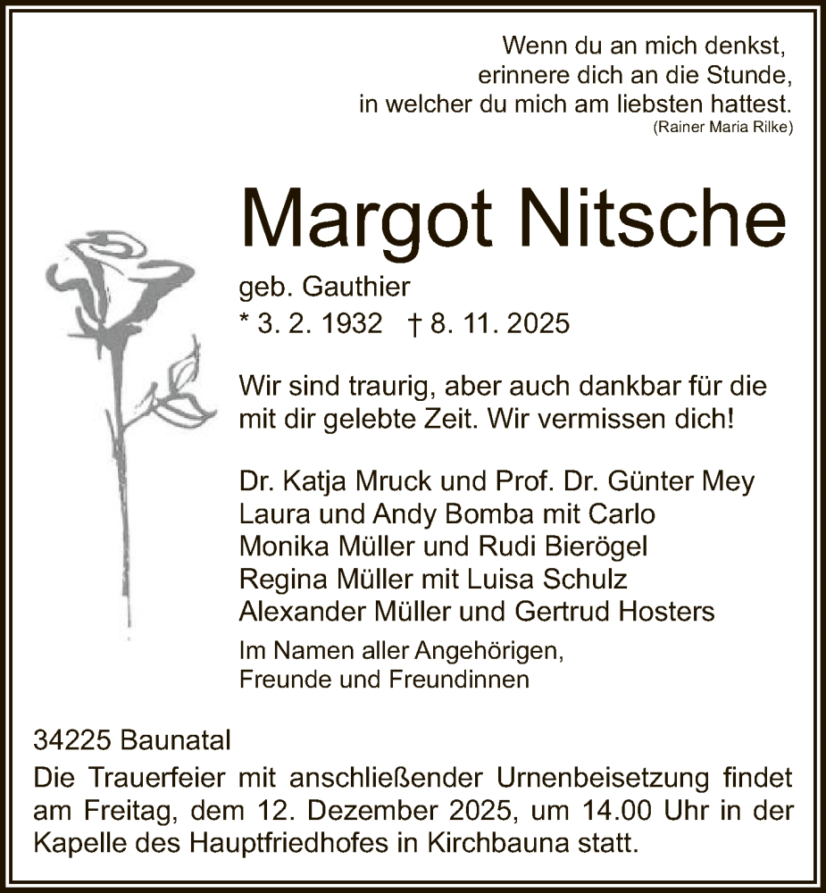  Traueranzeige für Margot Nitsche vom 06.12.2025 aus HNA