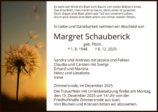 Traueranzeige von Margret Schauberick von HNA