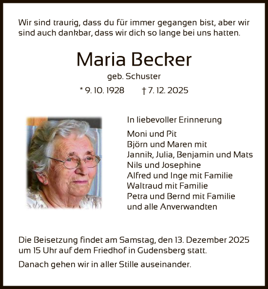 Traueranzeige von Maria Becker von HNA