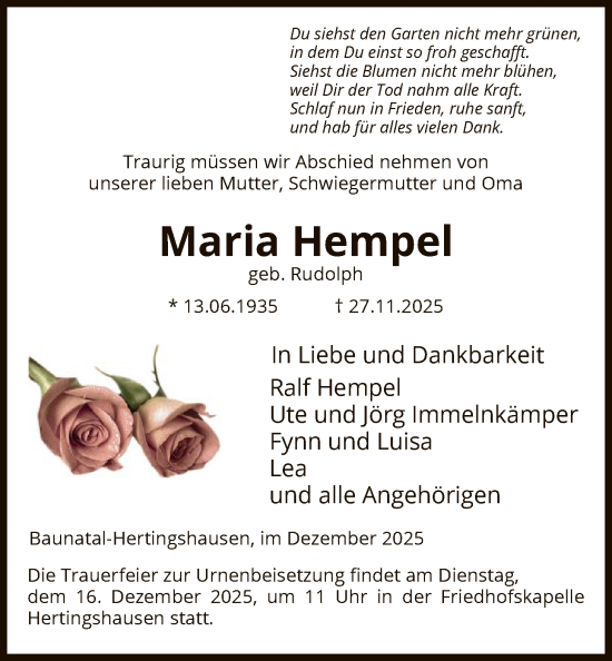 Traueranzeige von Maria Hempel von HNA