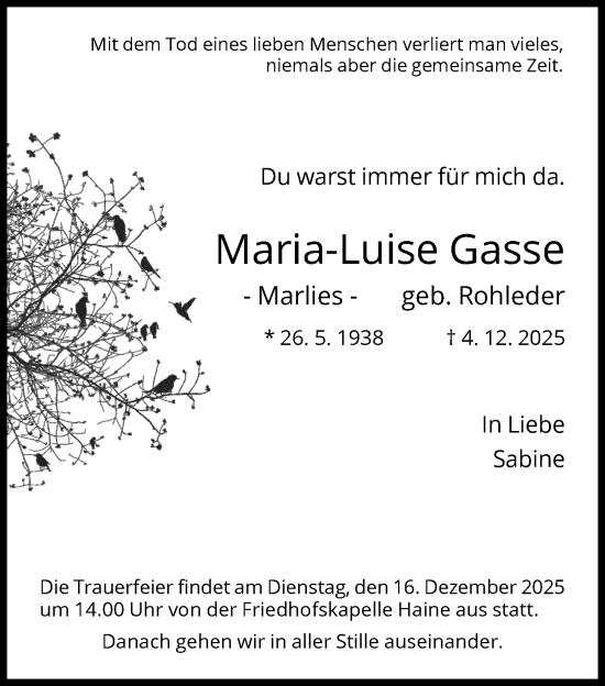Traueranzeige von Maria-Luise Gasse von HNA