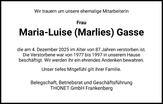 Traueranzeige von Maria-Luise Gasse von HNA