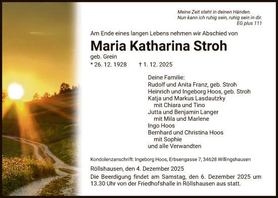 Traueranzeige von Maria Katharina Stroh von HNA
