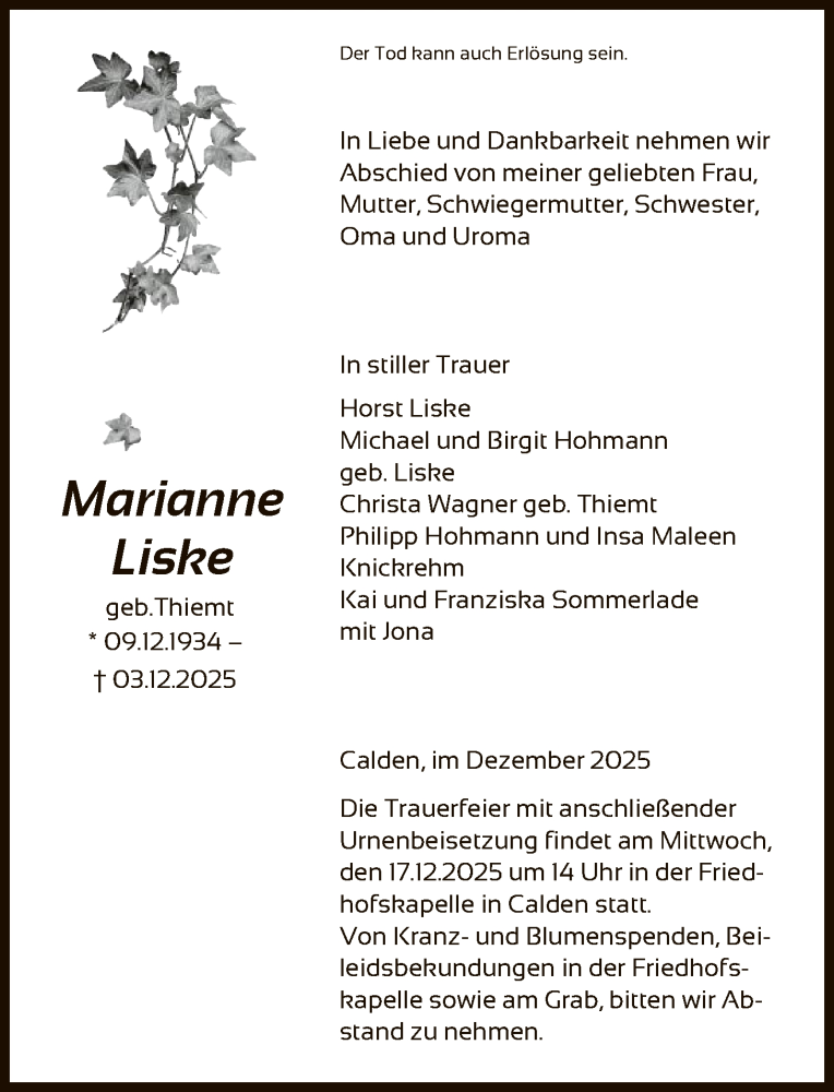  Traueranzeige für Marianne Liske vom 13.12.2025 aus HNA