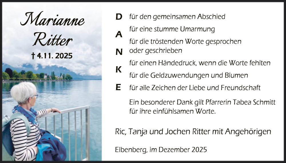  Traueranzeige für Marianne Ritter vom 13.12.2025 aus HNA