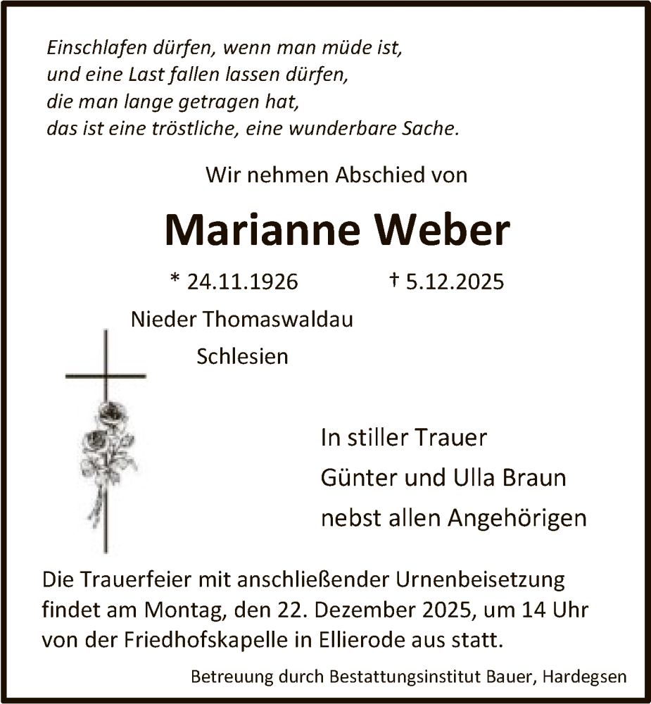  Traueranzeige für Marianne Weber vom 13.12.2025 aus HNA