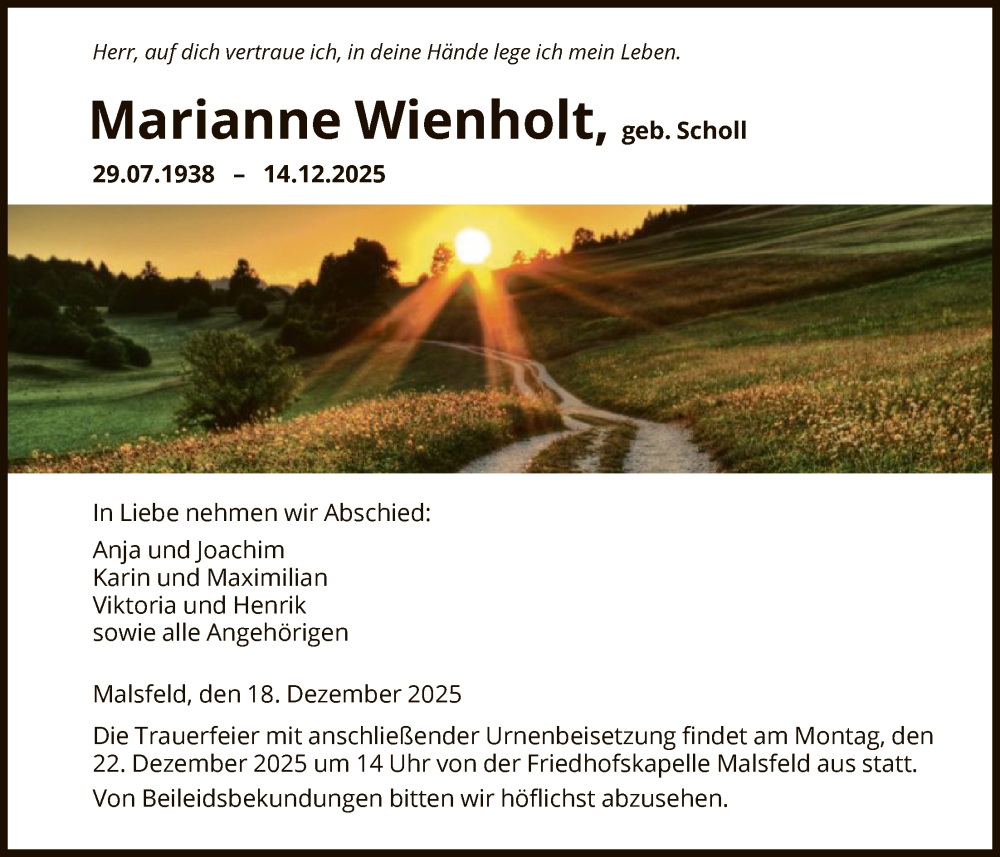  Traueranzeige für Marianne Wienholt vom 18.12.2025 aus HNA
