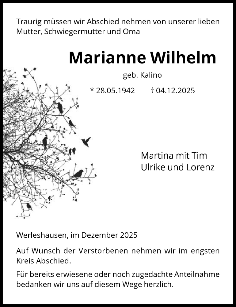 Traueranzeige für Marianne Wilhelm vom 20.12.2025 aus HNA
