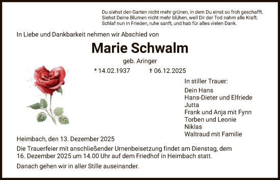 Traueranzeige von Marie Schwalm von HNA