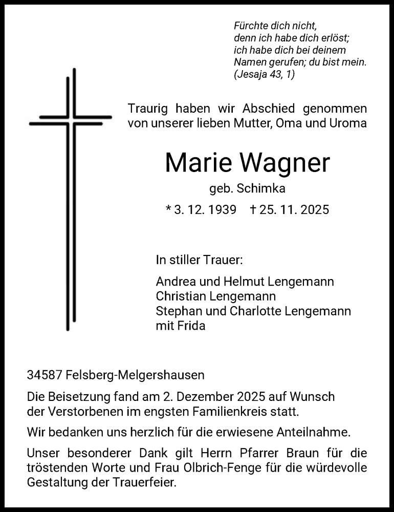  Traueranzeige für Marie Wagner vom 06.12.2025 aus HNA