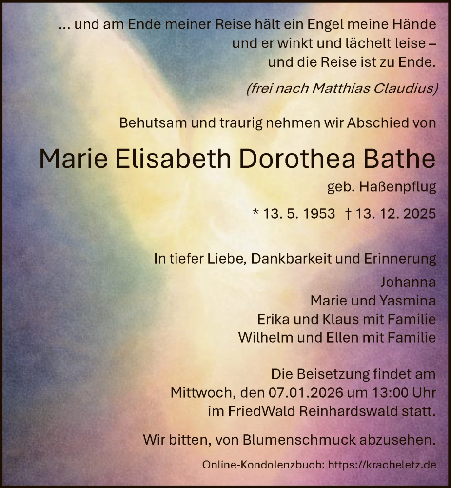  Traueranzeige für Marie Elisabeth Dorothea Bathe vom 27.12.2025 aus HNAHNAHNA