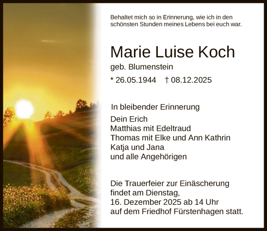 Traueranzeige von Marie Luise Koch von HNA