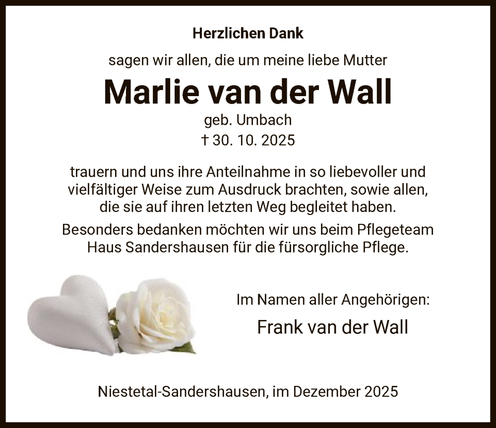  Traueranzeige für Marlie van der Wall vom 06.12.2025 aus HNA