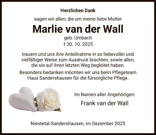 Traueranzeige von Marlie van der Wall von HNA