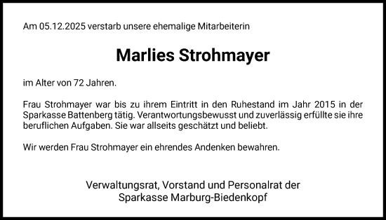 Traueranzeige von Marlies Strohmayer von HNA