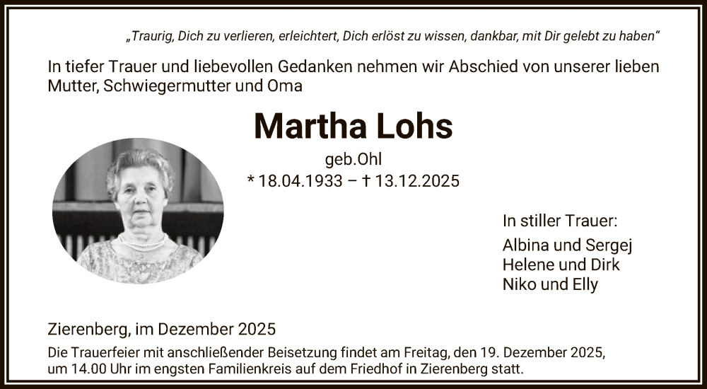  Traueranzeige für Martha Lohs vom 18.12.2025 aus HNA