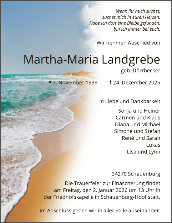 Traueranzeige von Martha-Maria Landgrebe von HNA