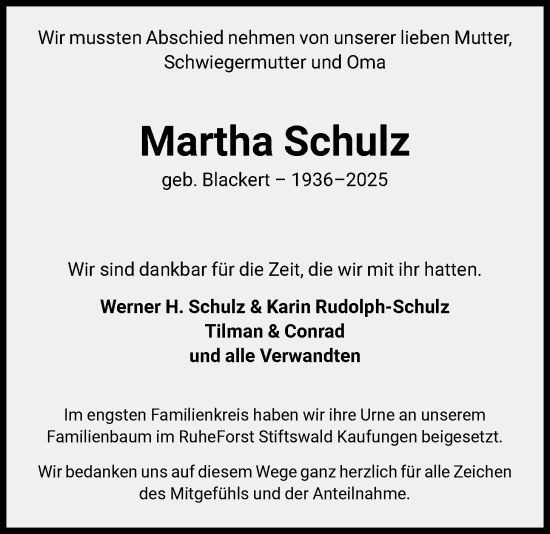 Traueranzeige von Martha Schulz von HNA