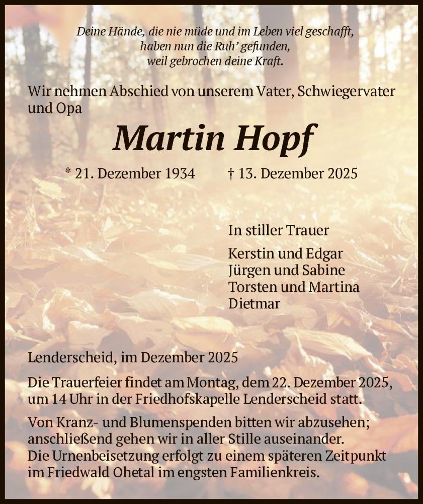 Traueranzeige für Martin Hopf vom 17.12.2025 aus HNA