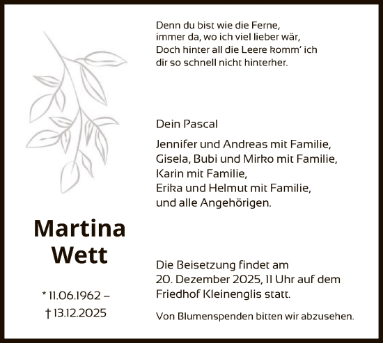 Traueranzeige von Martina Wett von HNA