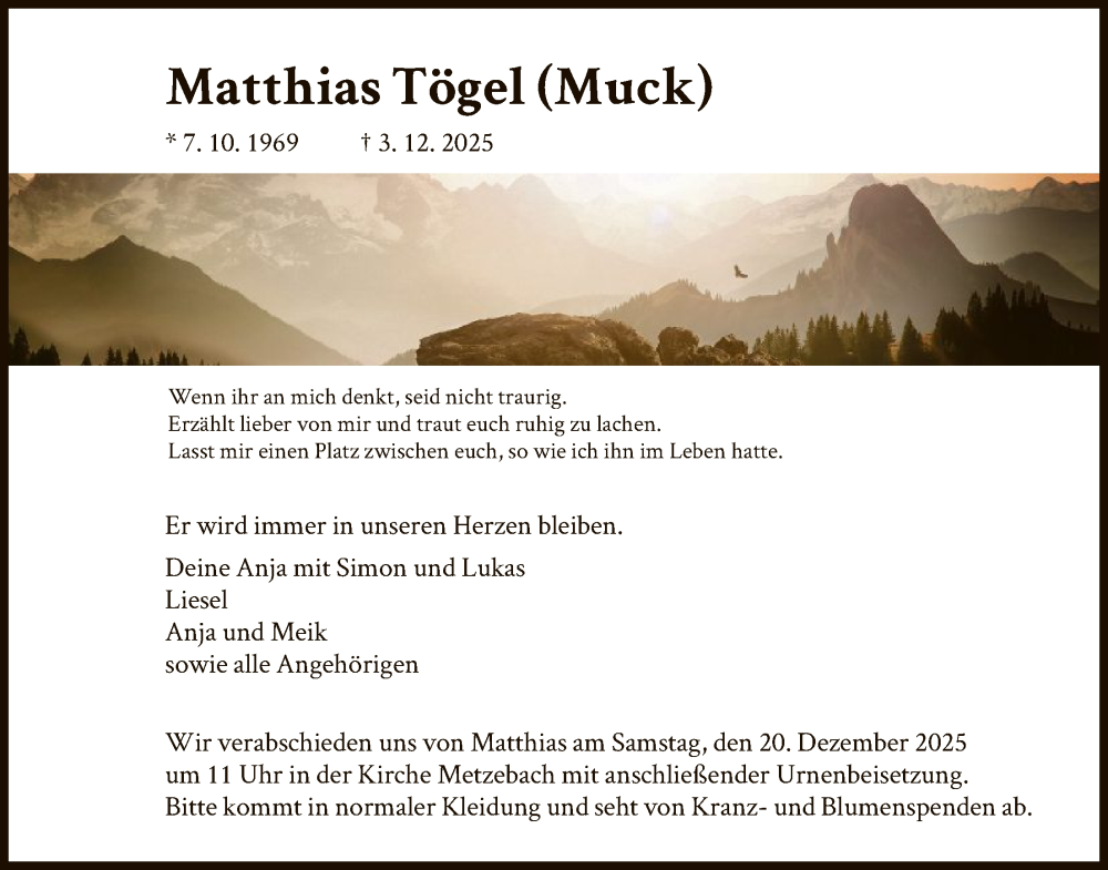  Traueranzeige für Matthias Tögel vom 13.12.2025 aus HNAHNA