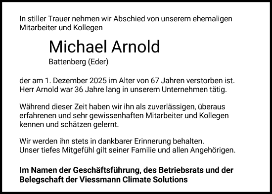 Traueranzeige von Michael Arnold von HNA