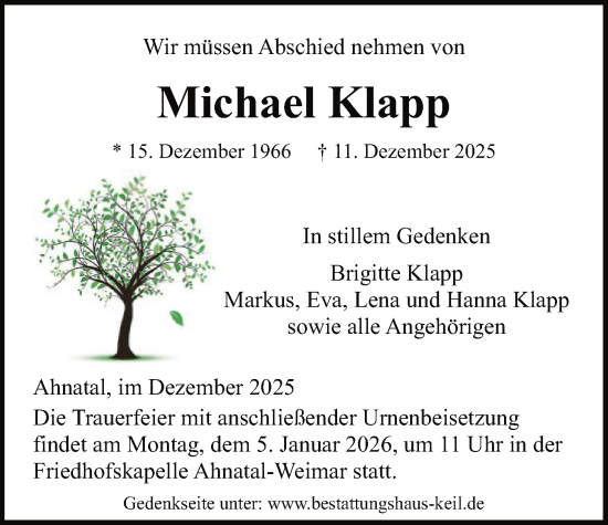 Traueranzeige von Michael Klapp von HNA