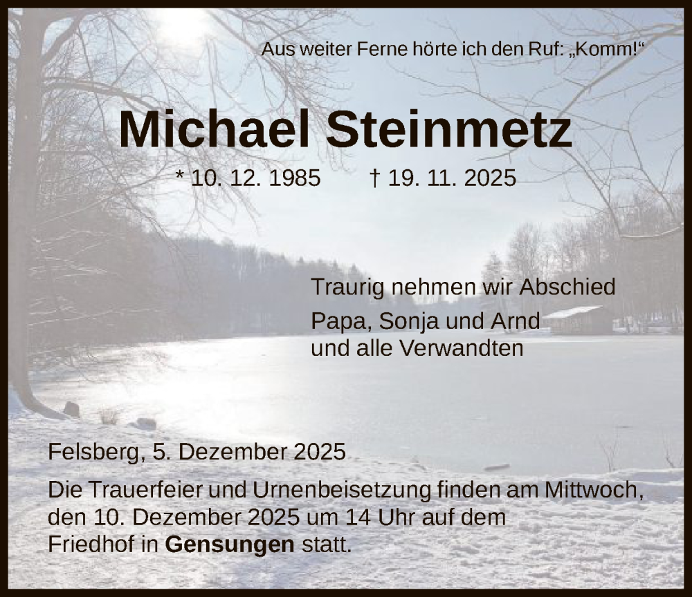  Traueranzeige für Michael Steinmetz vom 05.12.2025 aus HNA